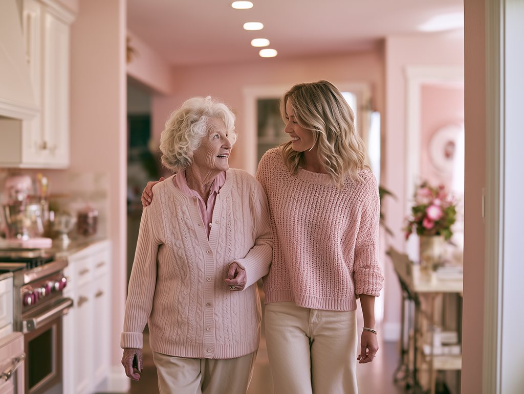 Mom and her adult daughter walking arm in arm through the family kitchen